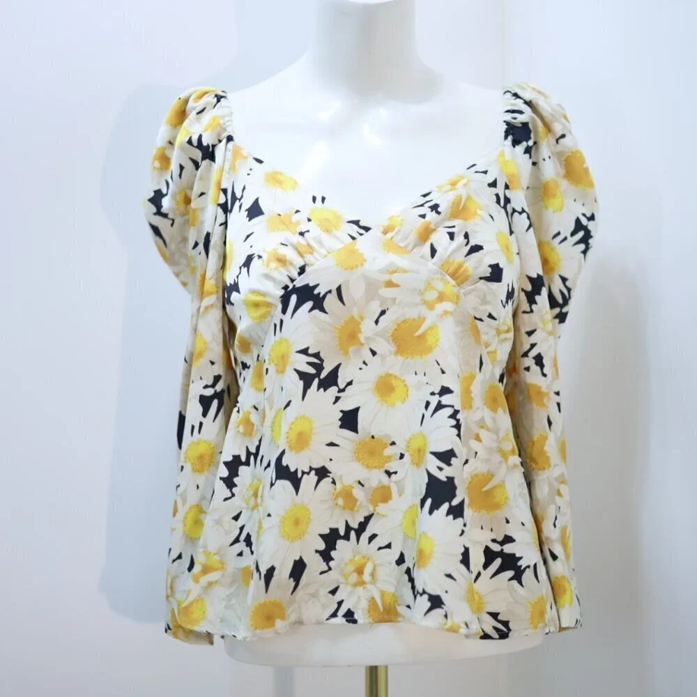 Zara Daisy Floral Print Puff Sleeve Top Shirt Size M